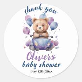 Pegatina Redonda globos de osito de peluche azul y púrpura ducha de