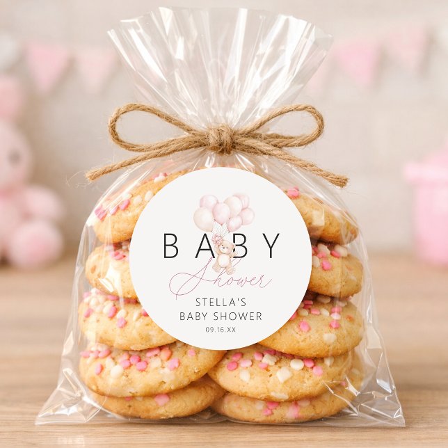 Pegatina Redonda Globos de osito de peluche de niña Baby Shower (Girl Teddy Bear Balloons Baby Shower Classic Round Sticker)