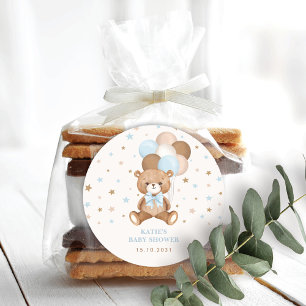 Pegatina Redonda Globos de osito de peluche marrón azul retro para 