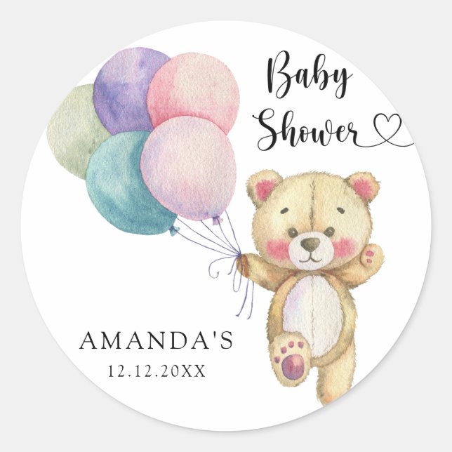 Pegatina Redonda Globos de oso de peluche - Baby Shower (Anverso)