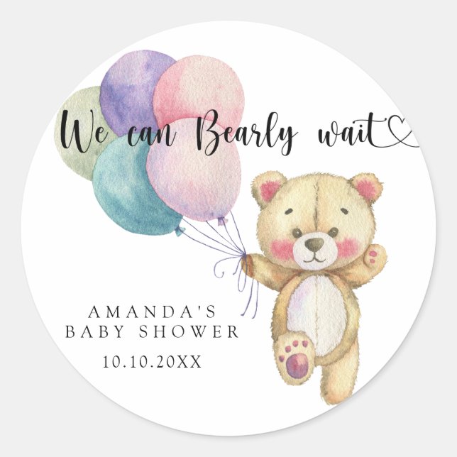 Pegatina Redonda Globos de oso de peluche - podemos esperar ansiosa (Anverso)