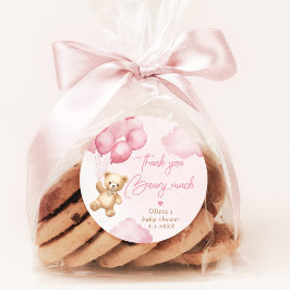 Pegatina Redonda Globos de oso de peluche rosa Muchas gracias antes