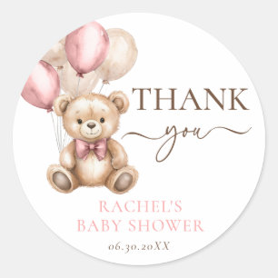 Pegatina Redonda Globos de Oso de Teddy Bebé rosa Shower
