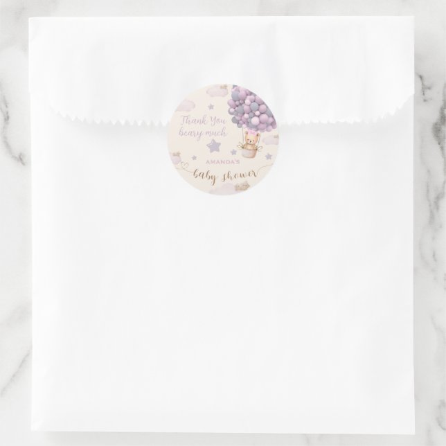 Pegatina Redonda Globos de oso lindo Baby Shower clásico rosa (Bolso)