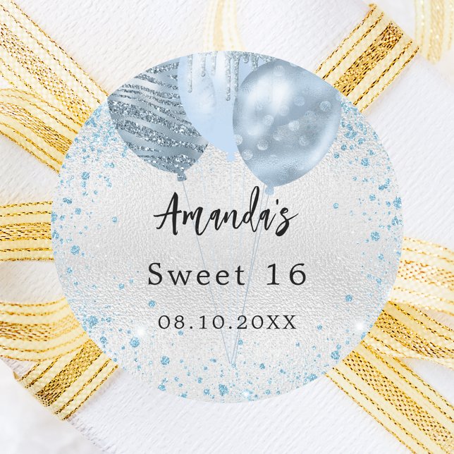 Pegatina Redonda Globos de purpurina azul plateado de fiesta de cum (Subido por el creador)