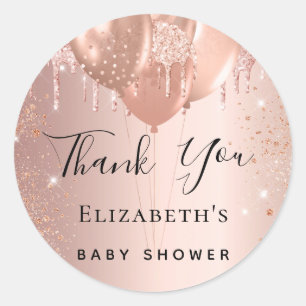 Pegatina Redonda Globos de rosa de Baby Shower blush Gracias
