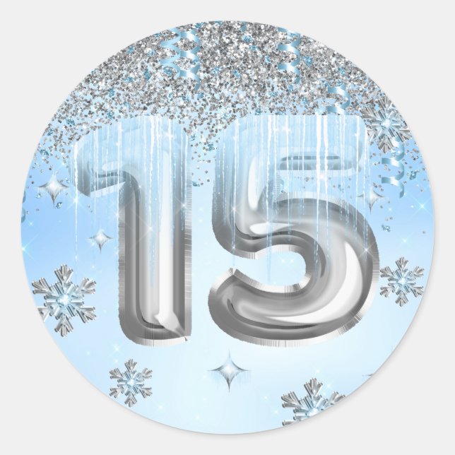 Pegatina Redonda Globos de Winter Wonderland Quinceanera (Anverso)