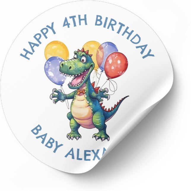 Pegatina Redonda Globos personalizados de dinosaurios de cumpleaños (Subido por el creador)