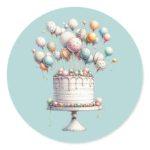Globos surrealistas y pastel de cumpleaños