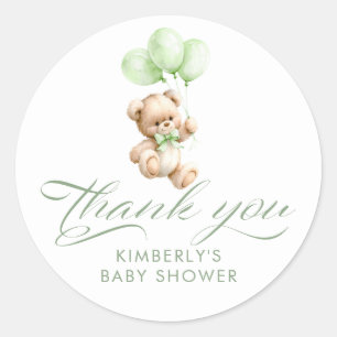 Pegatina Redonda Globos Verdes Oso de Peluche Baby Shower Agradecim