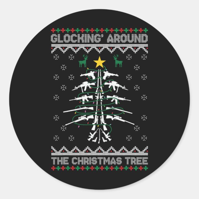 Pegatina Redonda Glocking Alrededor Del Árbol De Navidad Suéter Feo (Anverso)