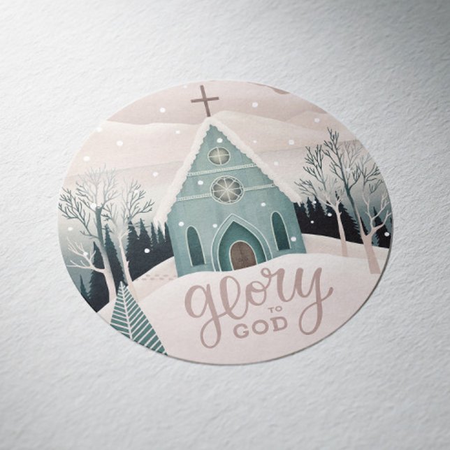Pegatina Redonda Gloria a Dios | Iglesia de invierno de Navidades r (Subido por el creador)