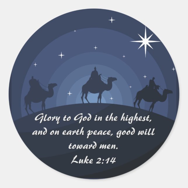 Pegatina Redonda Gloria A Dios Lucas 2:14 Navidades Wisemen Star (Anverso)