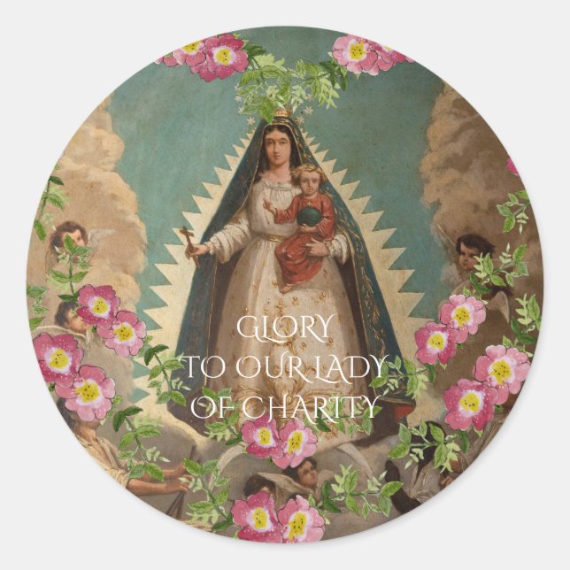 Pegatina Redonda gloria a nuestra dama de caridad (Anverso)