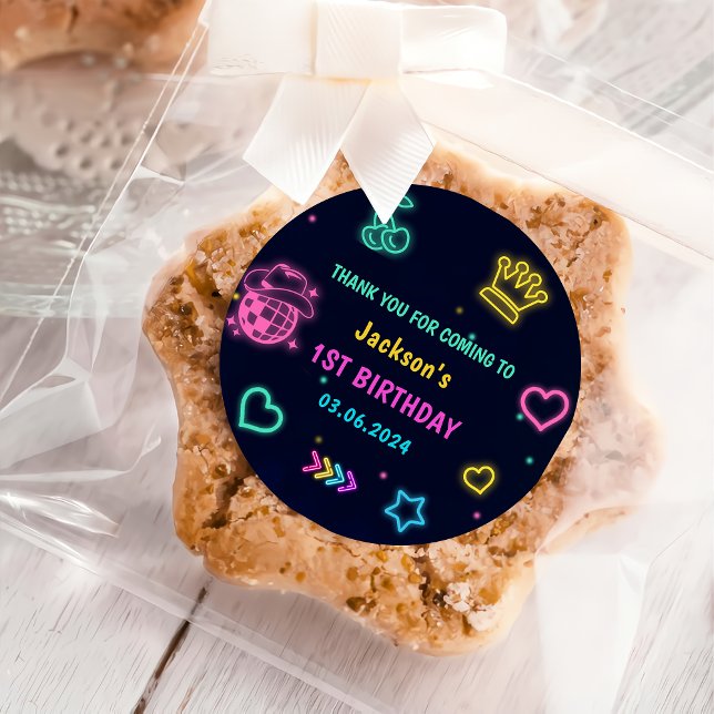 Pegatina Redonda Glow Neon Lights Gracias Por La Fiesta De Cumpleañ (Subido por el creador)