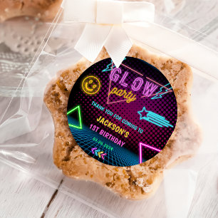 Pegatina Redonda Glow Neon Lights Gracias Por La Fiesta De Cumpleañ