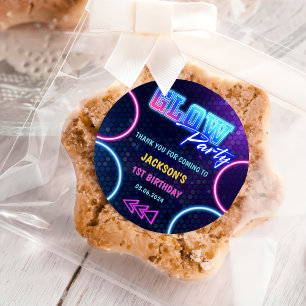 Pegatina Redonda Glow Neon Lights Gracias Por La Fiesta De Cumpleañ