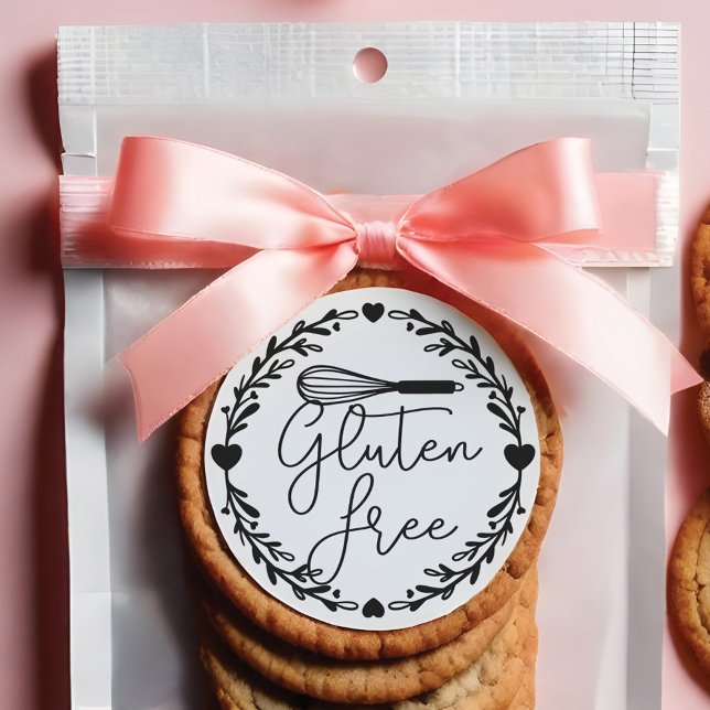 Pegatina Redonda Gluten Free Bakery Whisk & Wreath Black & White (Gluten Free Bakery Whisk & Wreath Black & White Classic Round Sticker)