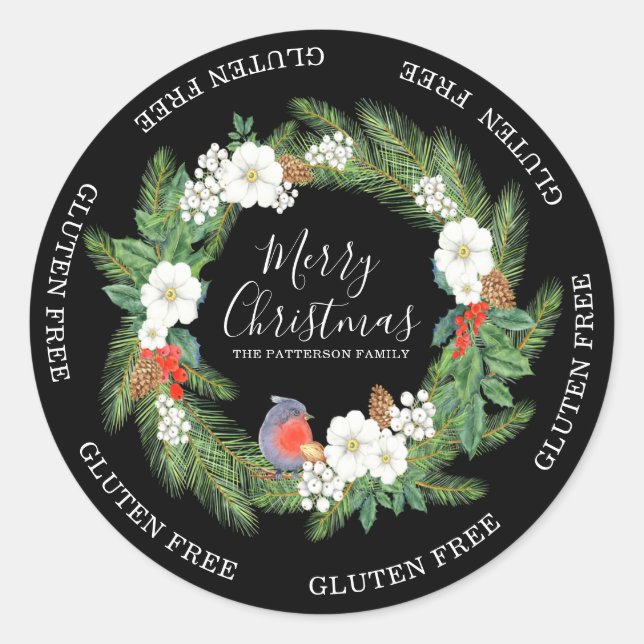 Pegatina Redonda Gluten Free Merry Christmas Flour Wreath Name (Anverso)