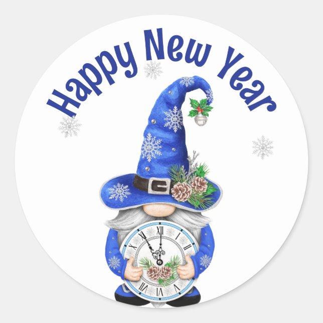 Pegatina Redonda Gnome azul de Año Nuevo con reloj (Anverso)