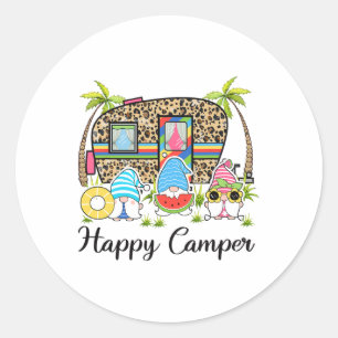 Pegatina Redonda Gnome Camping Rv Leopardo Campista Feliz Campament