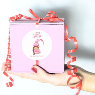 Pegatina Redonda Gnome Chica Navidad Rosa Con Jolly De Cabello Brai