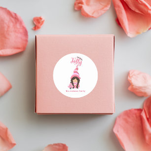 Pegatina Redonda Gnome Chica Navidades Rosados Con Jolly De Pelo Os