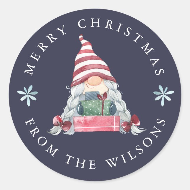 Pegatina Redonda Gnome con regalos Feliz Navidad (Anverso)