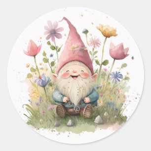 Pegatina Redonda Gnome Cute En El Jardín