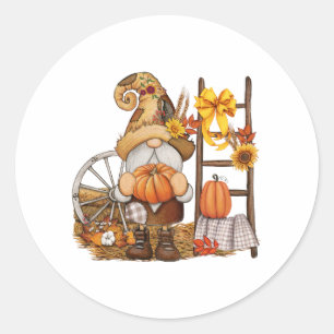 Pegatina Redonda Gnome de cosecha de calabaza del país del otoño