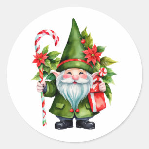 Pegatina Redonda Gnome de los Navidades acuarelas con caña de candy