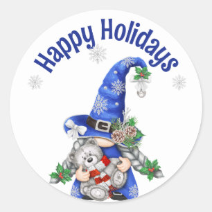 Pegatina Redonda Gnome de los Navidades azules con Teddy Bear