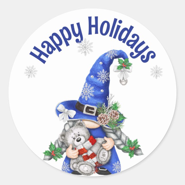 Pegatina Redonda Gnome de los Navidades azules con Teddy Bear (Anverso)