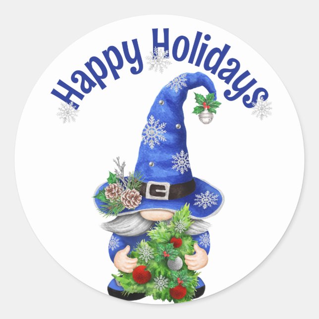 Pegatina Redonda Gnome de Navidades azules con árbol (Anverso)
