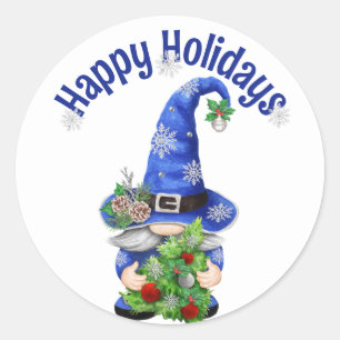 Pegatina Redonda Gnome de Navidades azules con árbol
