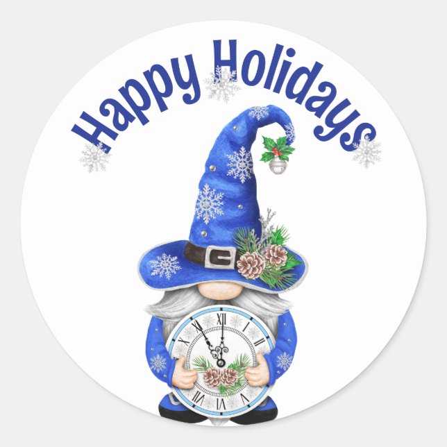 Pegatina Redonda Gnome de Navidades azules con reloj (Anverso)