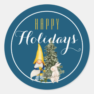 Pegatina Redonda Gnome de navidades con Bunny Happy Holiday / azul