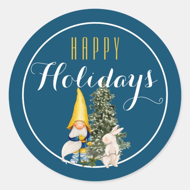 Pegatina Redonda Gnome de navidades con Bunny Happy Holiday / azul (Anverso)