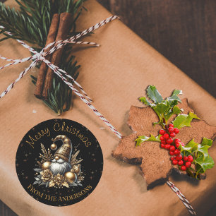 Pegatina Redonda Gnome De Navidades De Oro Y Negro