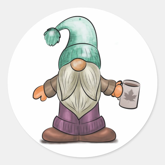 Pegatina Redonda Gnome de otoño con café Mug (Anverso)