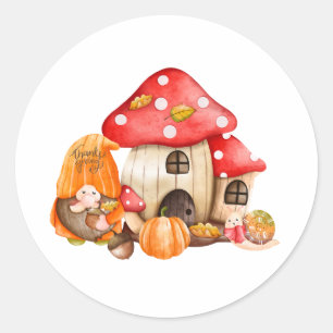 Pegatina Redonda Gnome del Día de Acción de Gracias y calabaza acuá