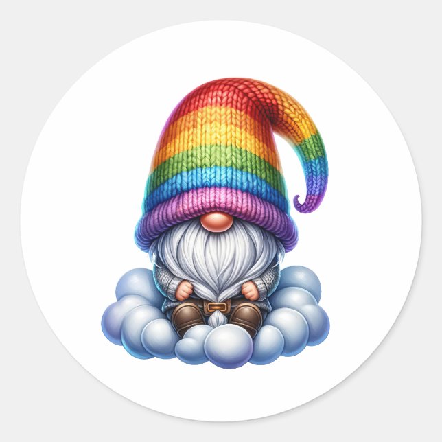 Pegatina Redonda Gnome del orgullo arcoiris (Anverso)
