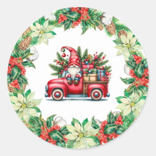 Pegatina Redonda Gnome en Camión Rojo lleno de regalos