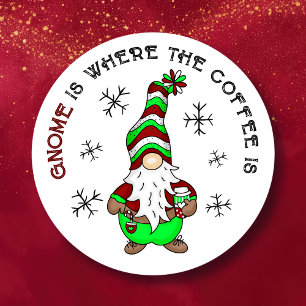 Pegatina Redonda Gnome es donde está el café   Navidades de corte
