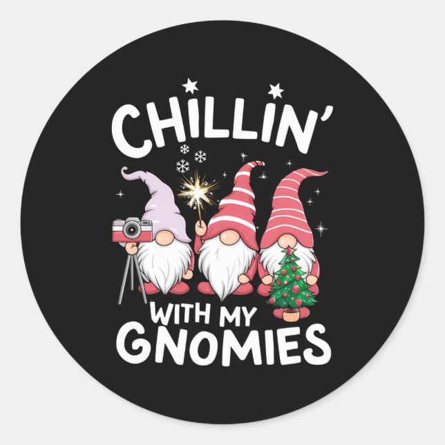 Pegatina Redonda Gnome Family Christmas Chillin With My Gnomies  (Anverso)