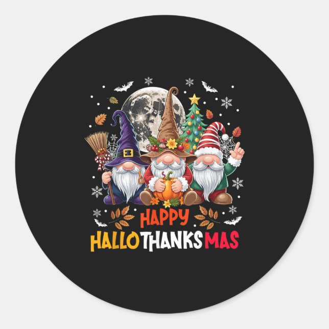 Pegatina Redonda Gnome Hallothanksmas Halloween Thanksgiving Christ (Anverso)