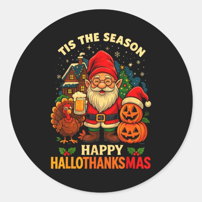 Pegatina Redonda Gnome Happy Hallothanksmas Shirt Halloween Thanksg (Anverso)
