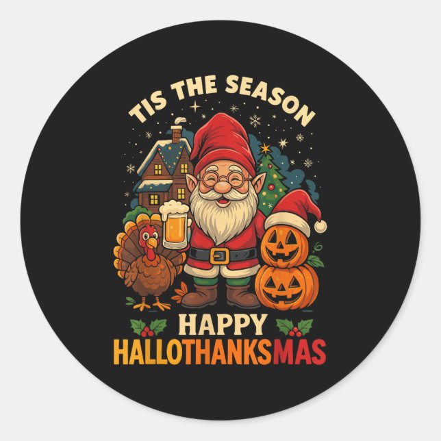 Pegatina Redonda Gnome Happy Hallothanksmas Shirt Halloween Thanksg (Anverso)