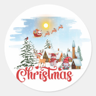 Pegatina Redonda Gnome lindo, hombre de nieve celebrando vacaciones