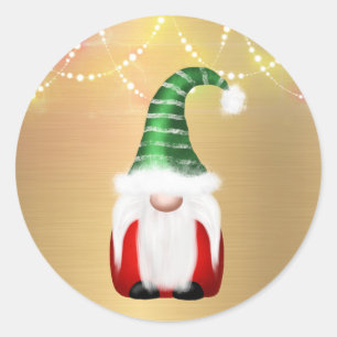 Pegatina Redonda Gnome Navidad Luces Rojas Verdes Doradas